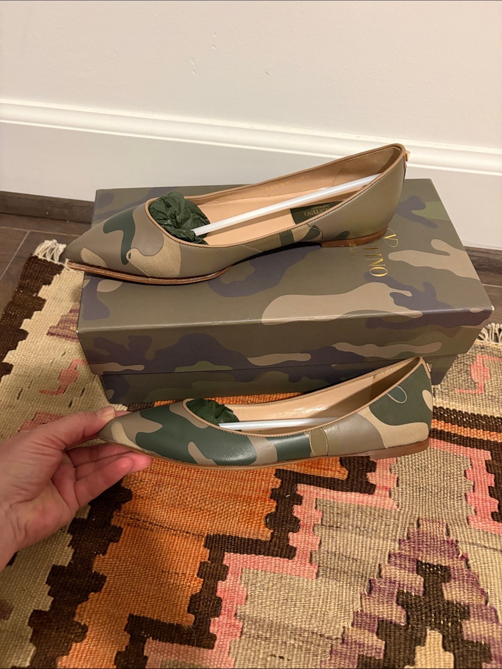 Valentino Garavani Camouflage Ballet Flats Green & Tan SZ 36.5 DAMAGED